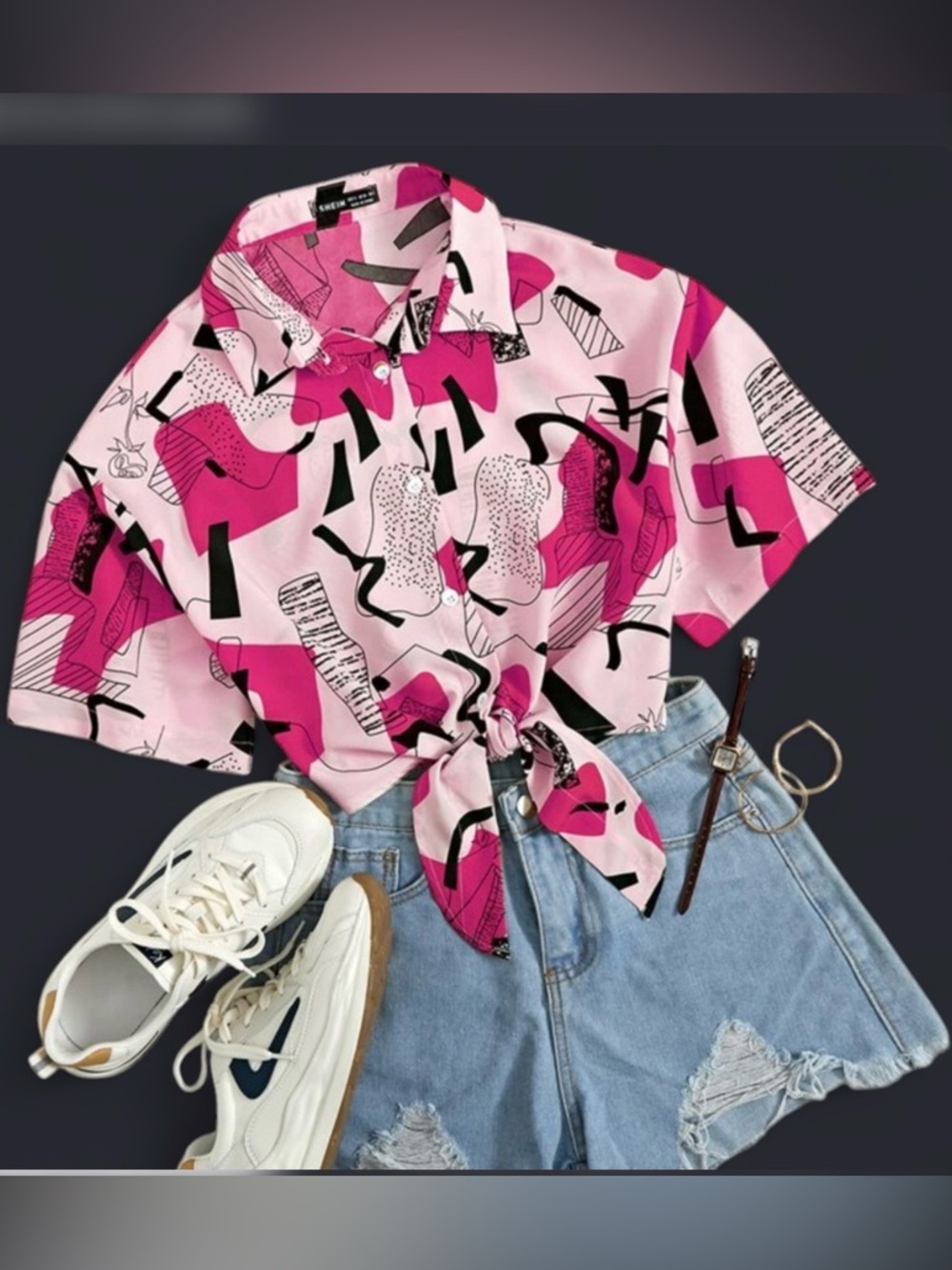 SHEIN Pink Abstract Tie-Front Button-Down Shirt